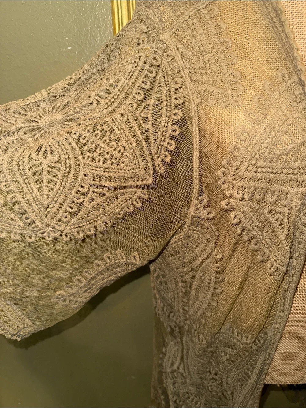 Embroidered Sheer Duster Kimono in Olive Brown